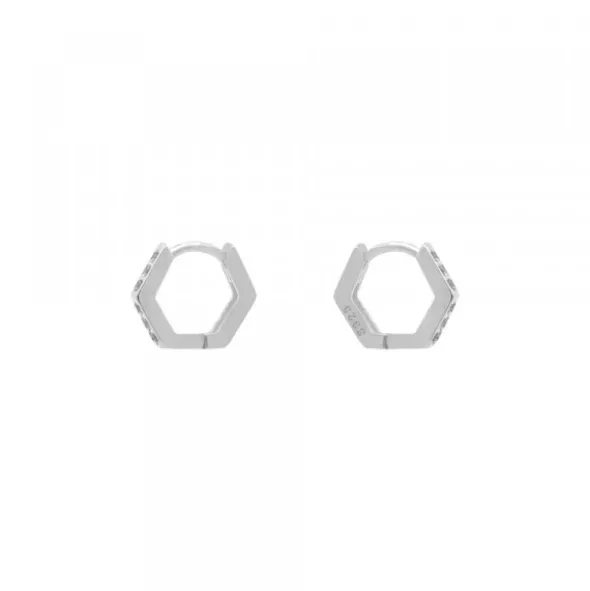 Pendientes Aro Mini Hexagon de Plata con Circonitas Blancas