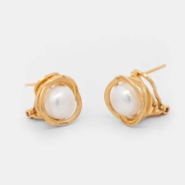 Pendientes Hariak Plata Dorada y Perla 13mm