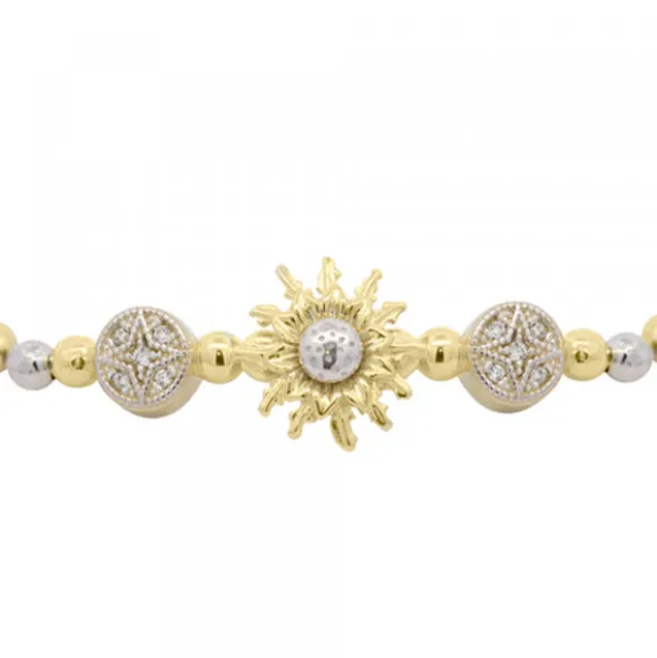 Pulsera Eguzkilore Bolitas Plata Dorada y Macramé