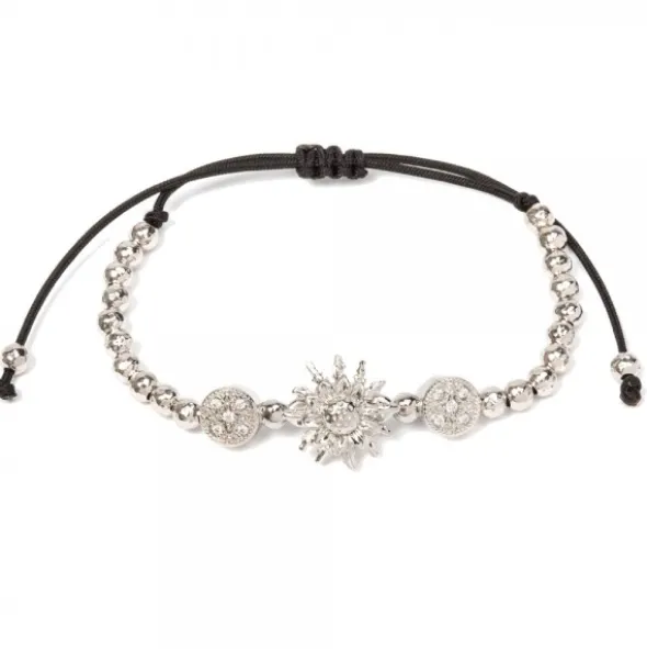 Pulsera Eguzkilore Plata con Bolitas y Macramé