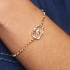 Pulsera Muka Macramé Plata Dorada y Circonitas Marrones